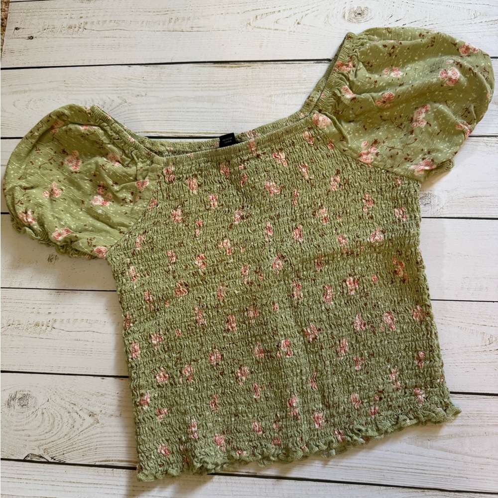 Art Class Green and Pink Smocked Top